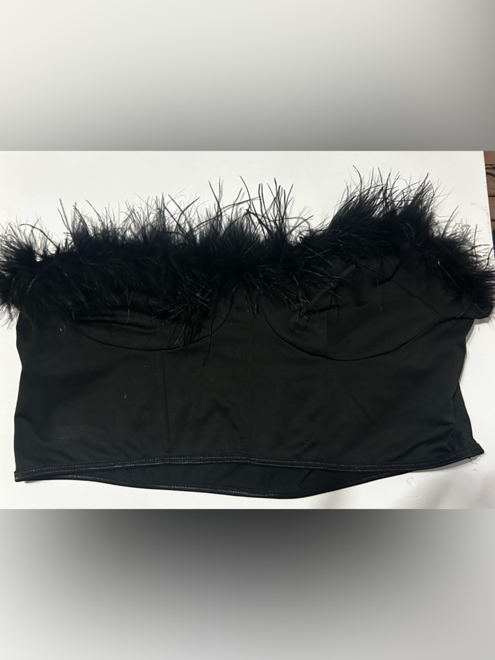 SHEIN Black Feather Trim Strapless Crop Top